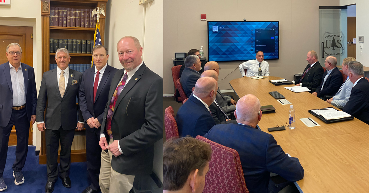LEFT: Left to right, Harry Carloss, Rep. (R-MT, 02) Troy Downing, David Rippeto, and Tony Schoonen. RIGHT: A group of consevation CEOs meet with Chief of the US FOrest Service Tom Schultz.
