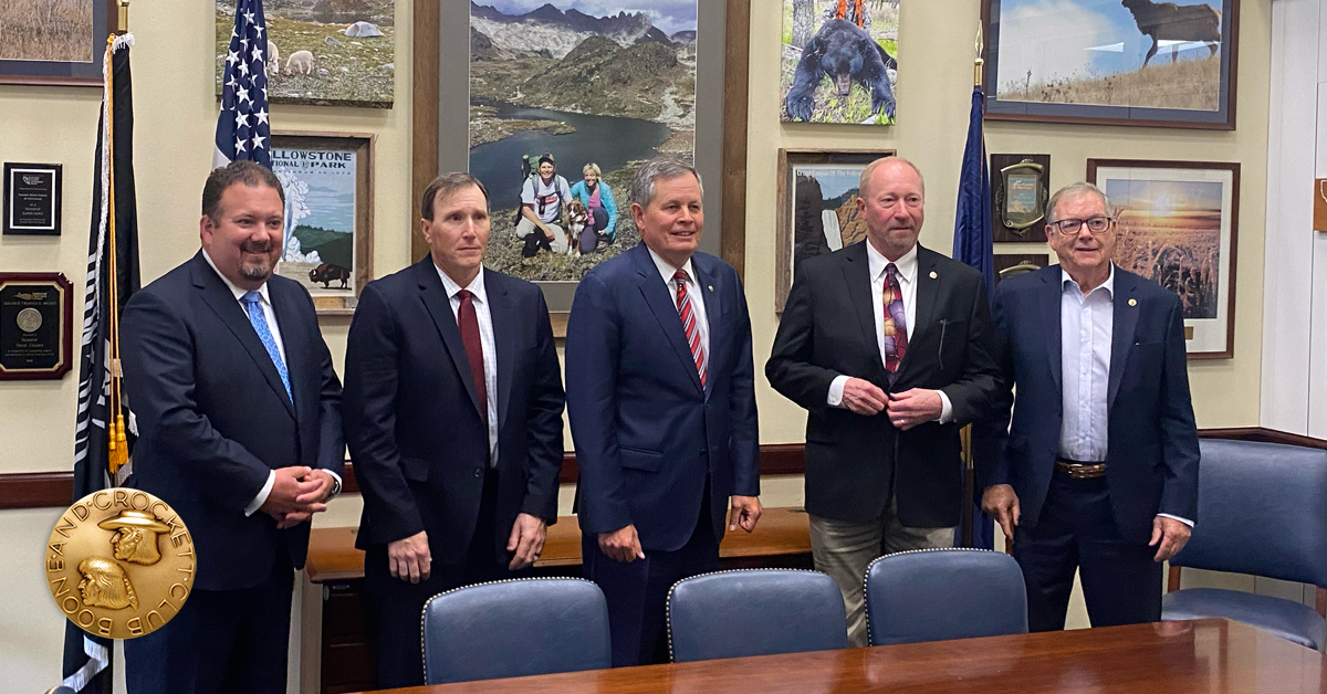 LEFT TO RIGHT: Boone and Crockett Members Mark Truax, David Rippeto, Sen. Steve Daines (R-MT), Boone and Crockett CEO Tony Schoonen, and Boone and Crockett Member Harry Carloss.  