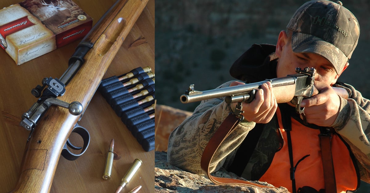 LEFT: Swedish Mausers in 6.5x55 were ahead of their time. For deer hunting, the aperture sight here excels. RIGHT: Unlike Winchester’s Model 94, the side-ejecting Marlin 336, introduced in 1948 in .30-30, .32 Special and .35 Remington, welcomed scopes. But many hunters, as here, fitted the 336 with an aperture sight.