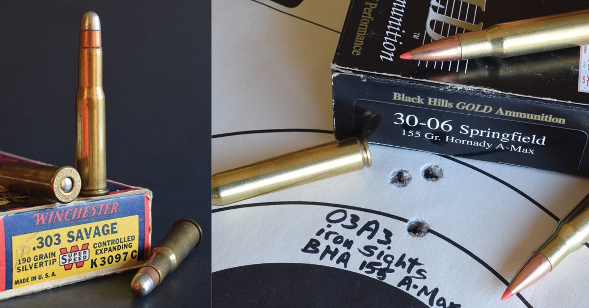 LEFT: The .303 Savage matched the .30-30 ballistically in 1895, their debut year. The .300 Savage upstaged it in Savage’s Model 99 in 1920. RIGHT: The 1903 Springfield in .30-06 offered deer hunters an accurate bolt rifle of great power and reach.
