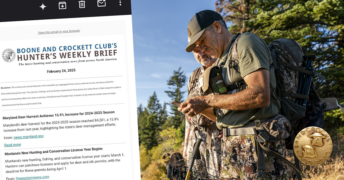 collage of Boone and Crockett Club newsletter and hunters in the field