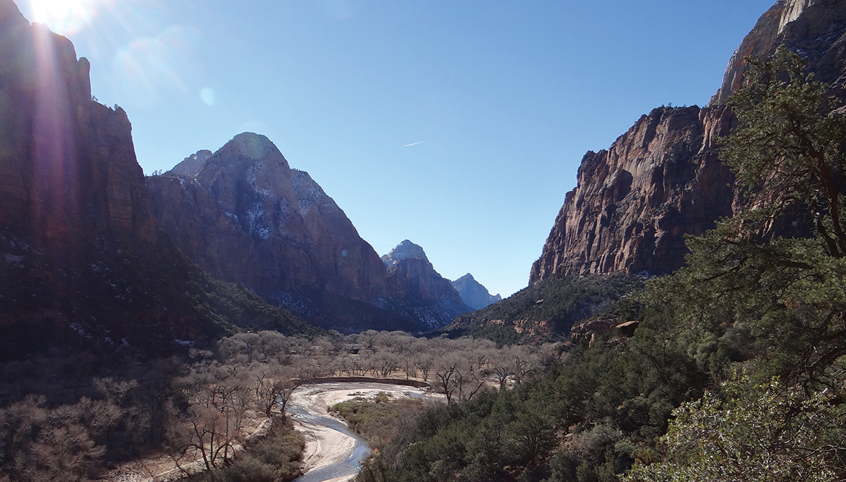 The Virgin River winds its way through Zion Canyon in Zion National Park.