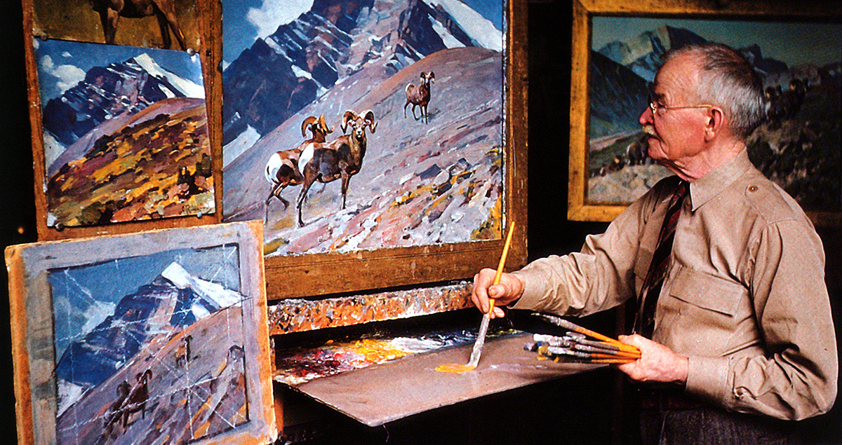Rungius at work in his studio, 1953.